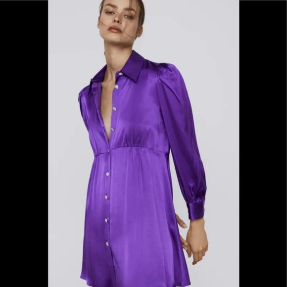 Zara Purple Satin Effect Jewel Buttoned Mini Dress Size L - Picture 2 of 12